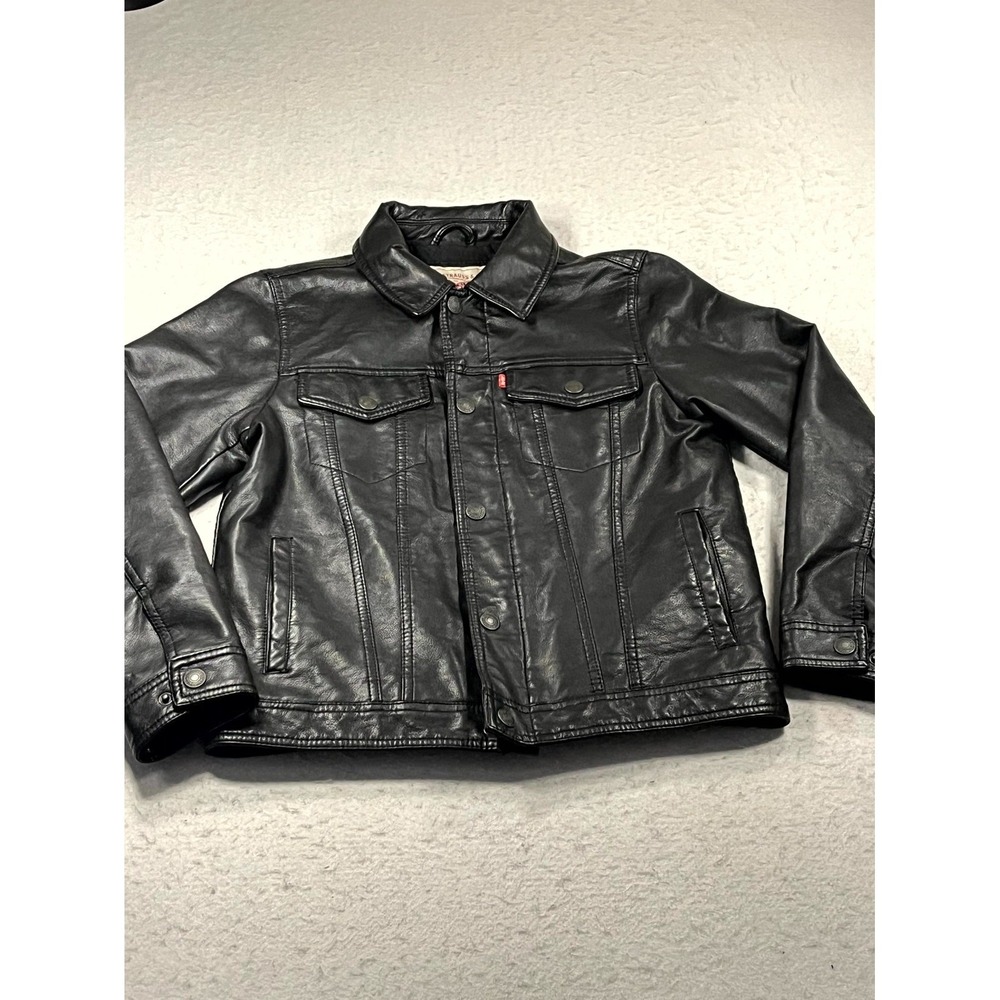 Levis Faux Leather Trucker Jacket Kids M Black Quilt Lined Moto Coat Snap Button